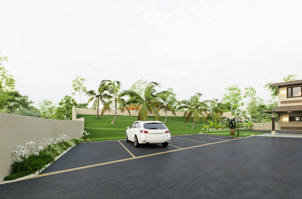 Dedicated parking with landscaped surroundings at Neamath Sanskriti