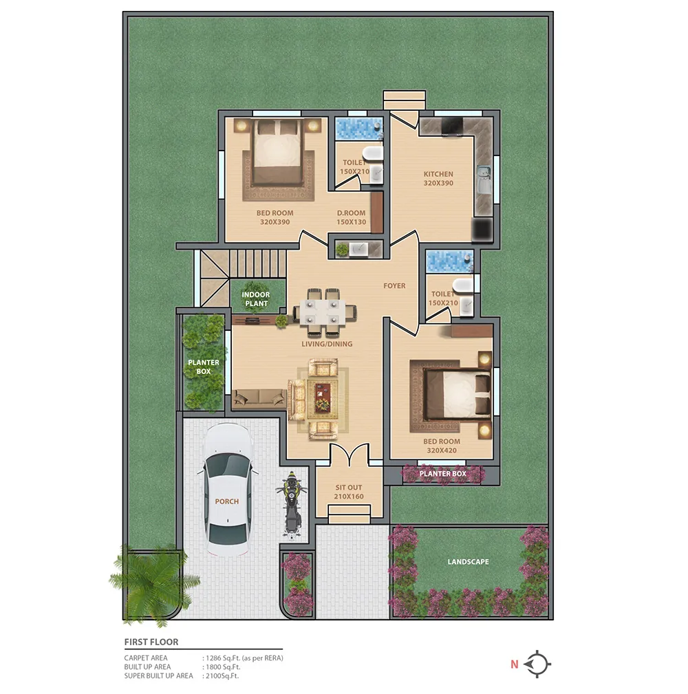 East-facing floor plan of Pearl Villa in Ottapalam, currently for sale.